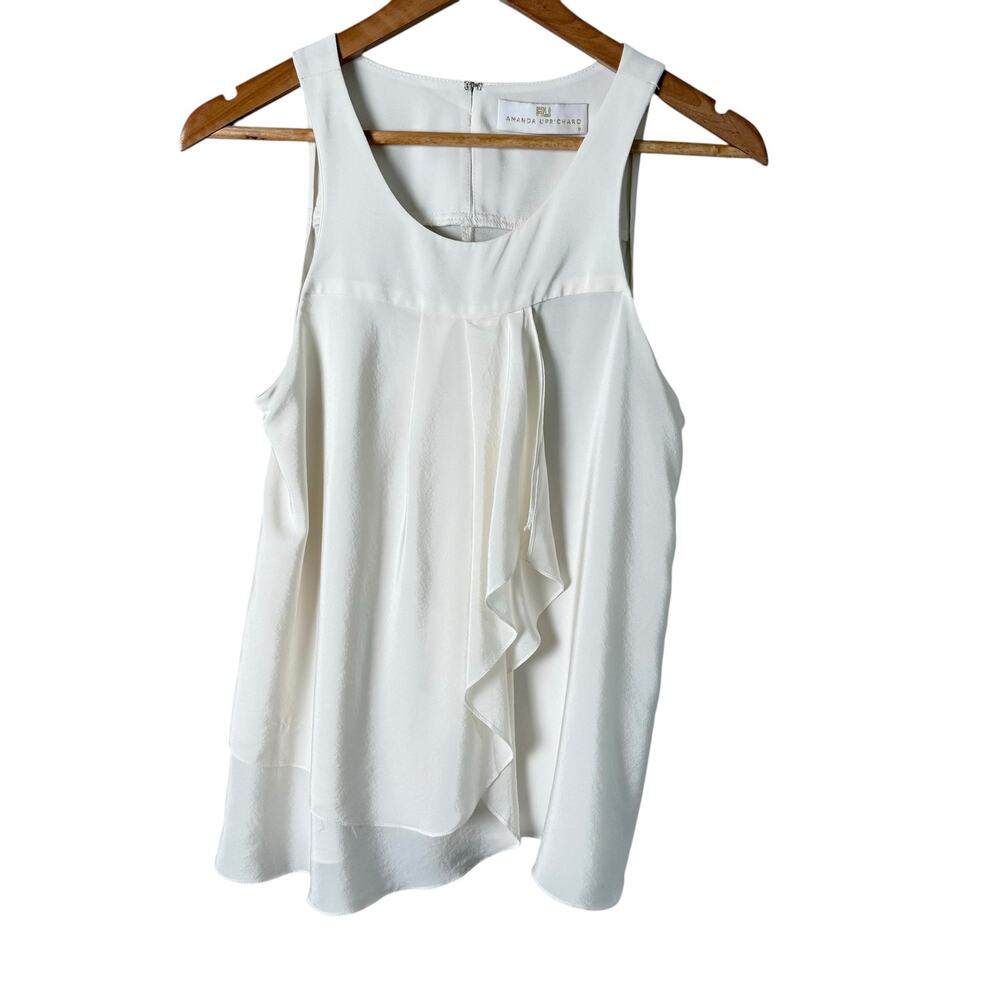 Amanda Uprichard‎ Silk Tank Blouse Draped Ruffles Scoop Neck Ivory, Size Small